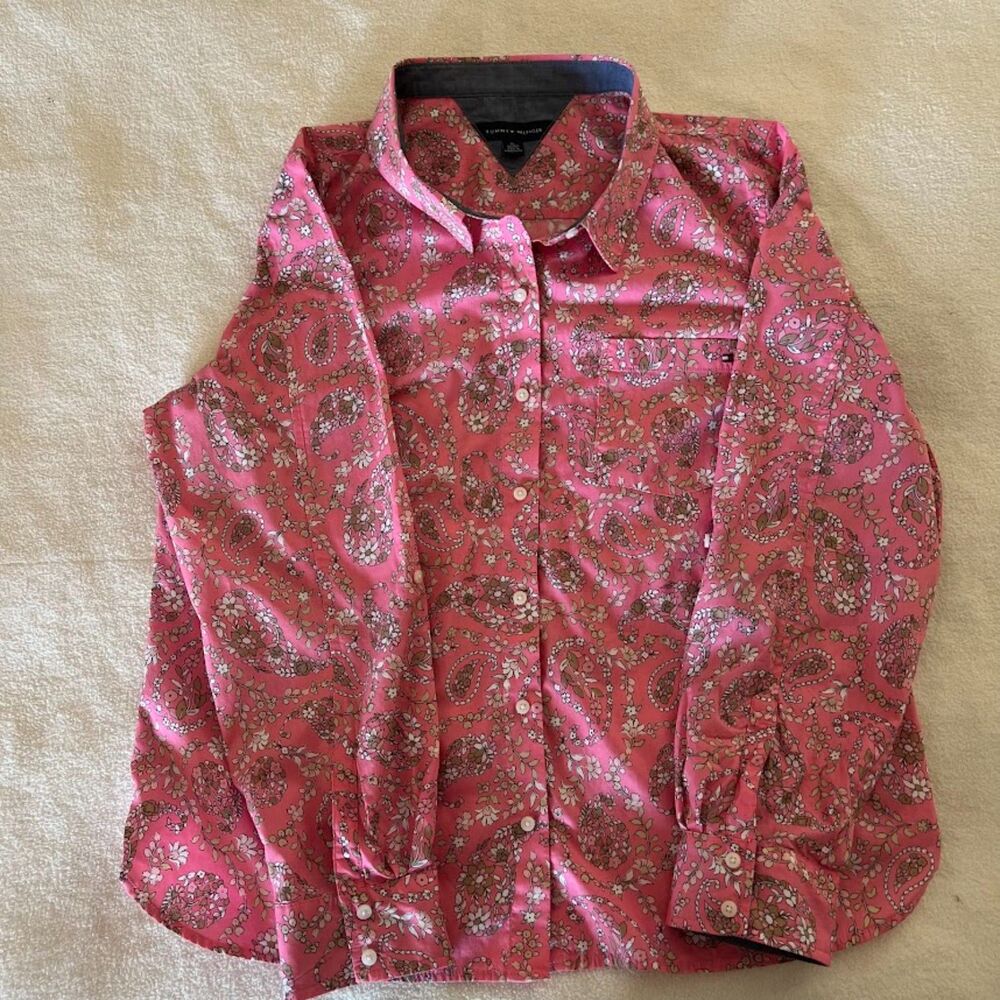 Tommy Hilfiger Women's Shirt Pink Floral Cotton Classic Americana, Size XL